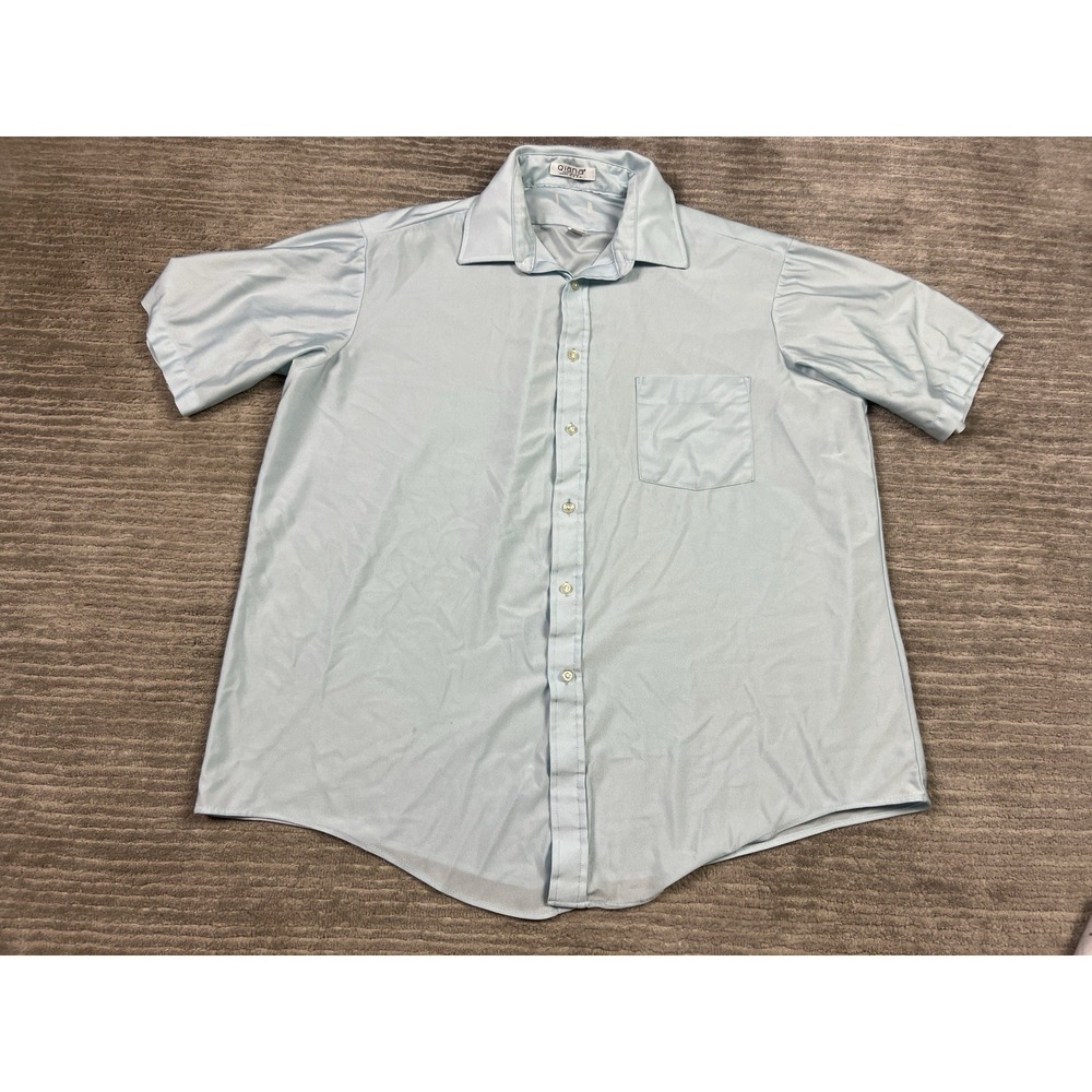 Vintage Qiana‎ Shirt Mens 17 Blue Short Sleeve Button Up Nylon Made in USA